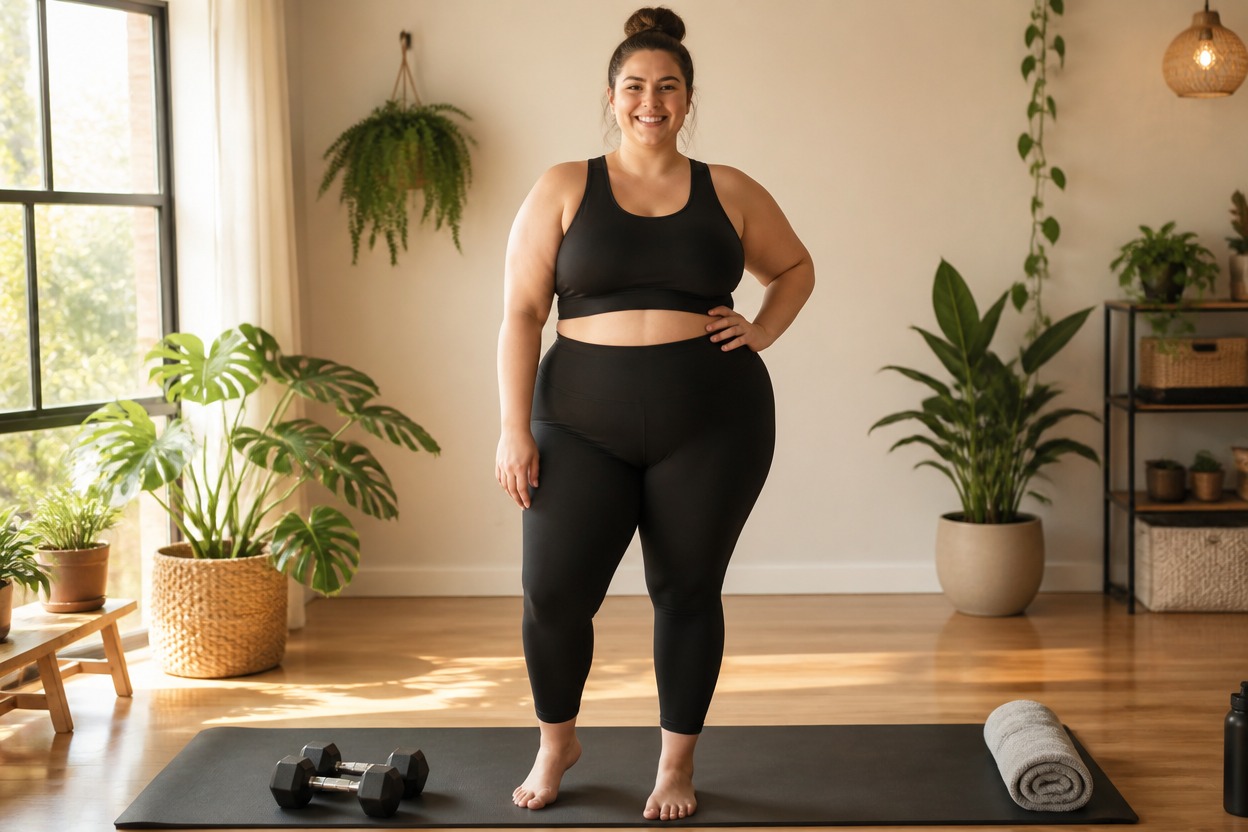 Full-body adult in black sportswear standing in a sunlit home workout space with plants and dumbbells.