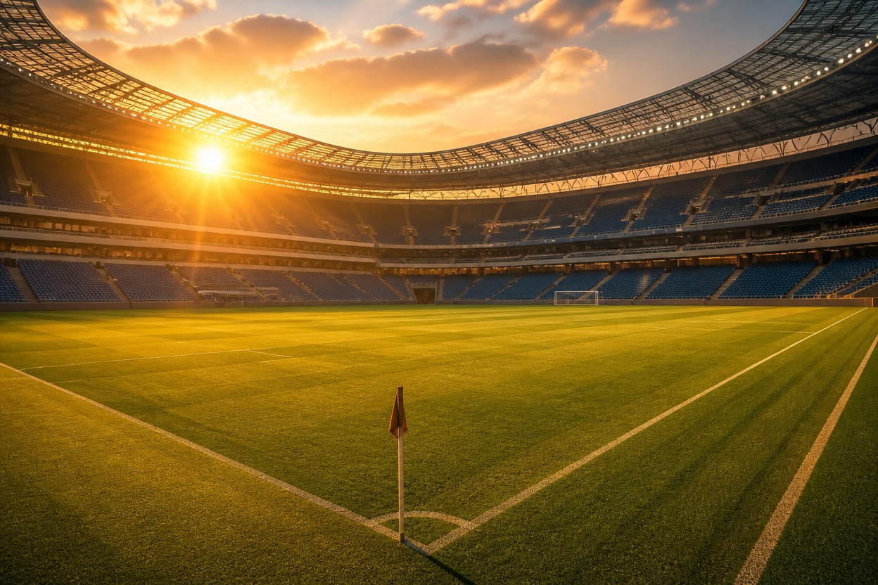 Empty football stadium glowing at golden hour