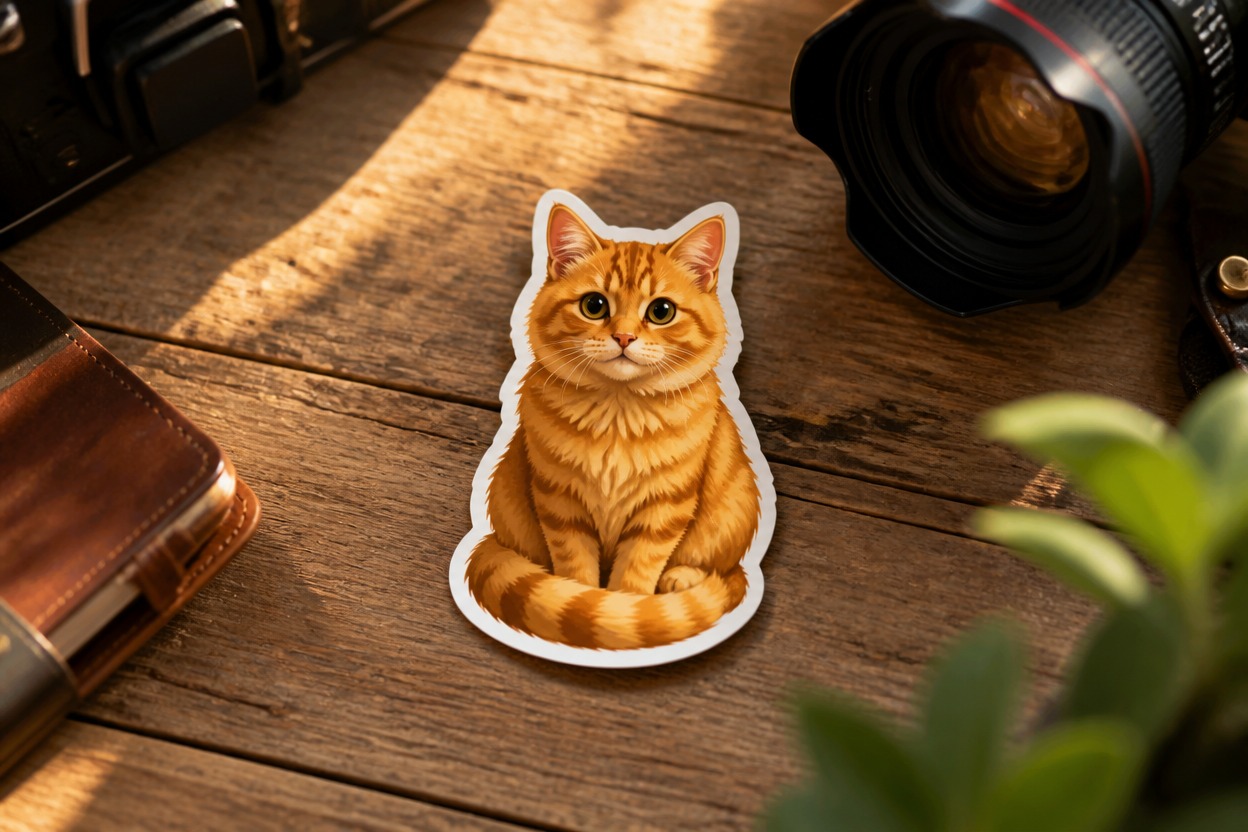 Unified orange tabby cat sticker on a photographer’s wooden desk