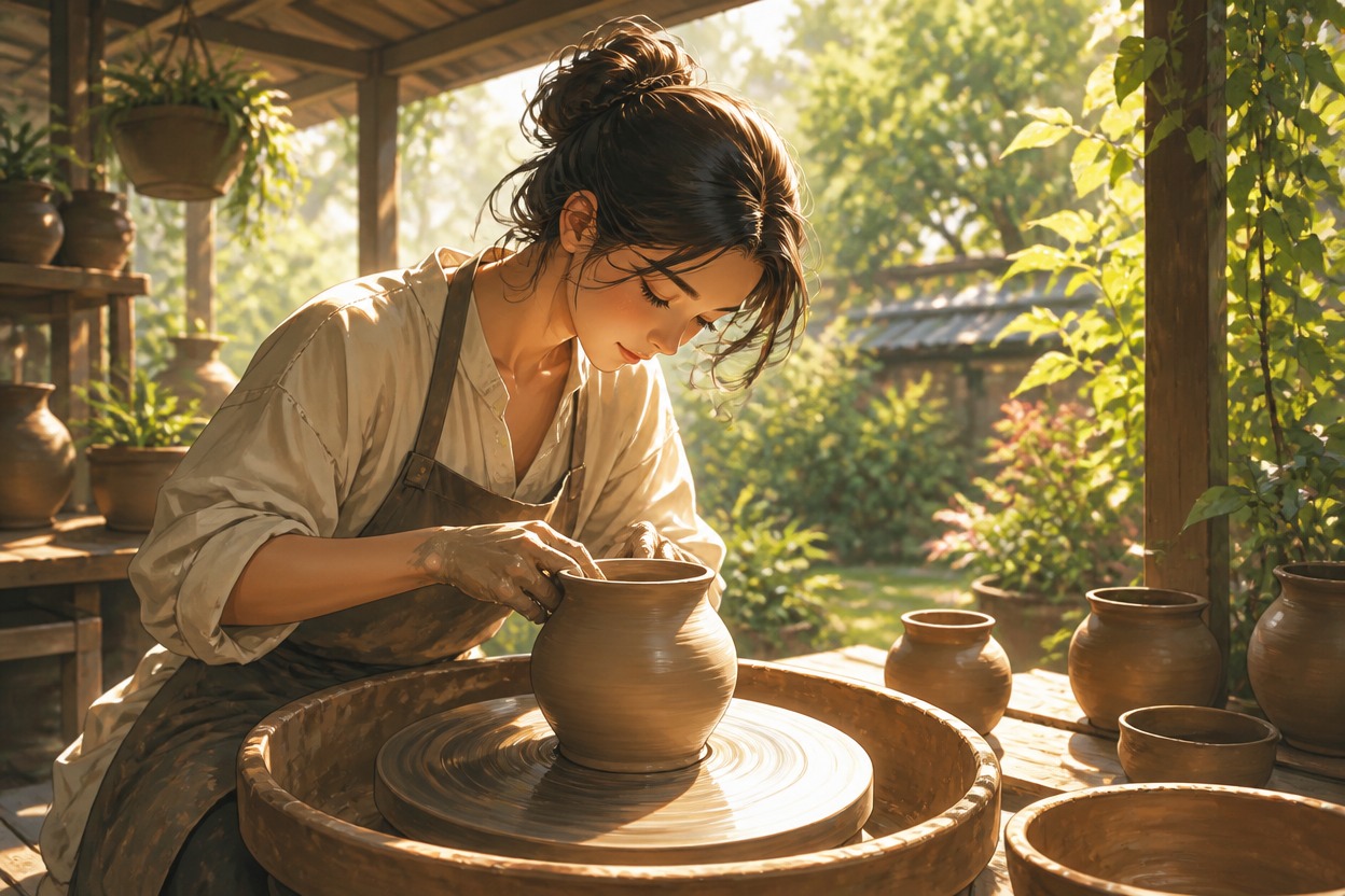 Manga illustration of a woman shaping pottery on a garden veranda