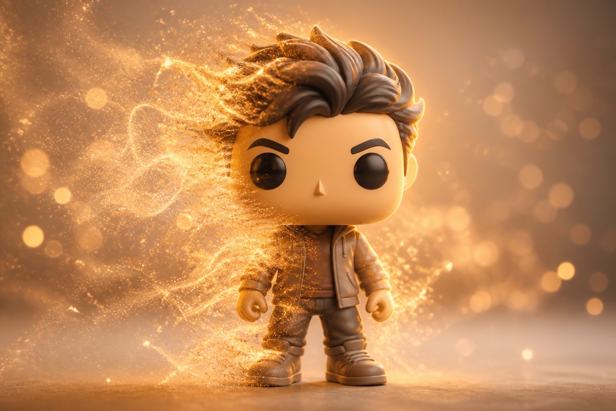 Original stylized character forming from luminous photographic particles