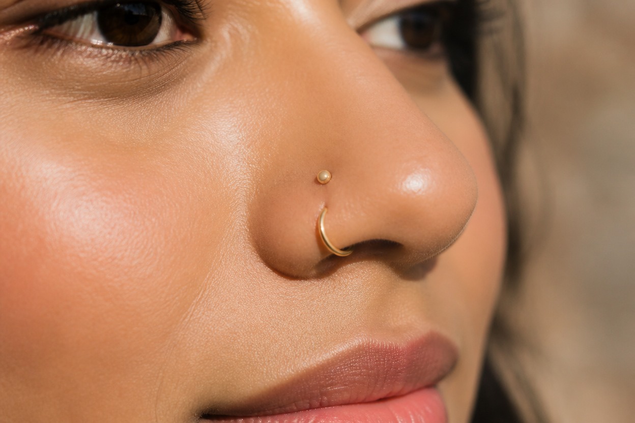 Close-up portrait with a delicate gold nostril hoop and stud