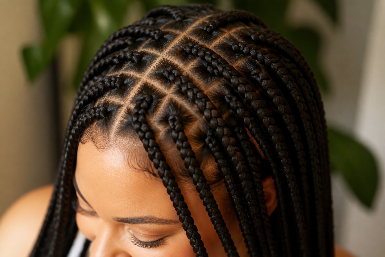 Close portrait showing detailed box braid roots and natural drape