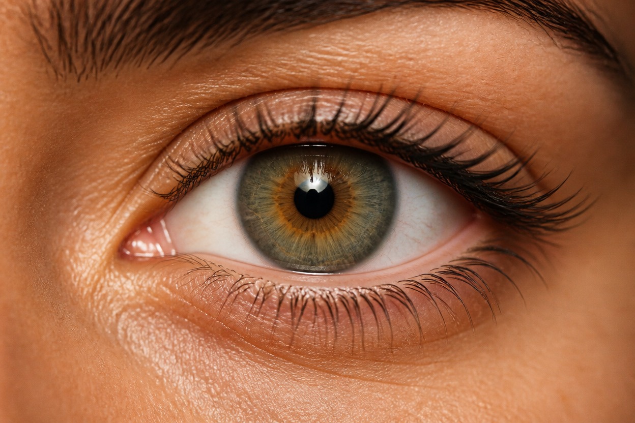 Close-up portrait with naturally integrated iris color and preserved eye detail