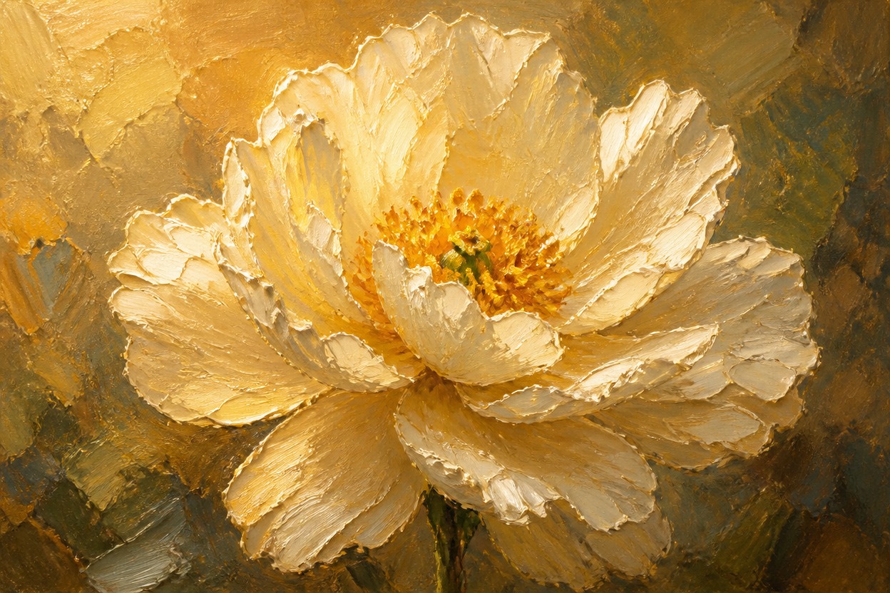 Cream flower rendered with layered oil brushstrokes and textured highlights