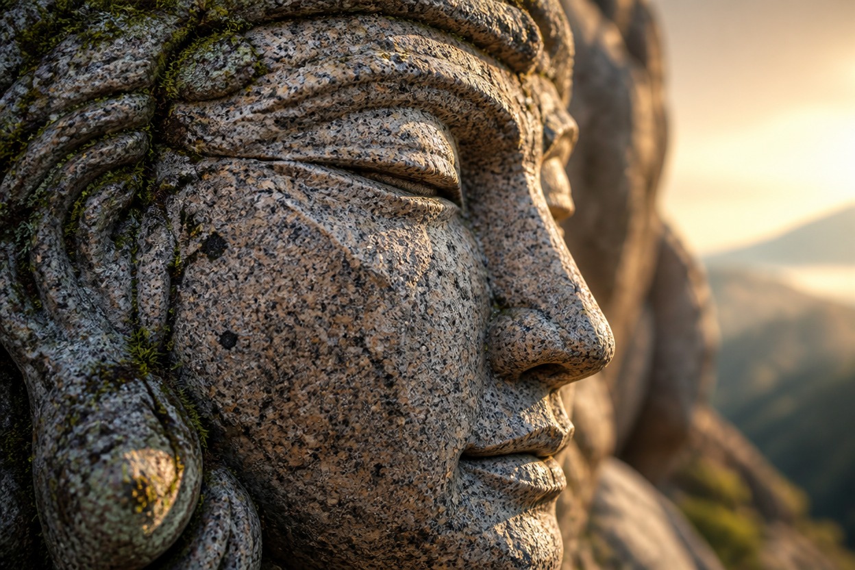 Close-up of a fictional face carved into weathered granite.