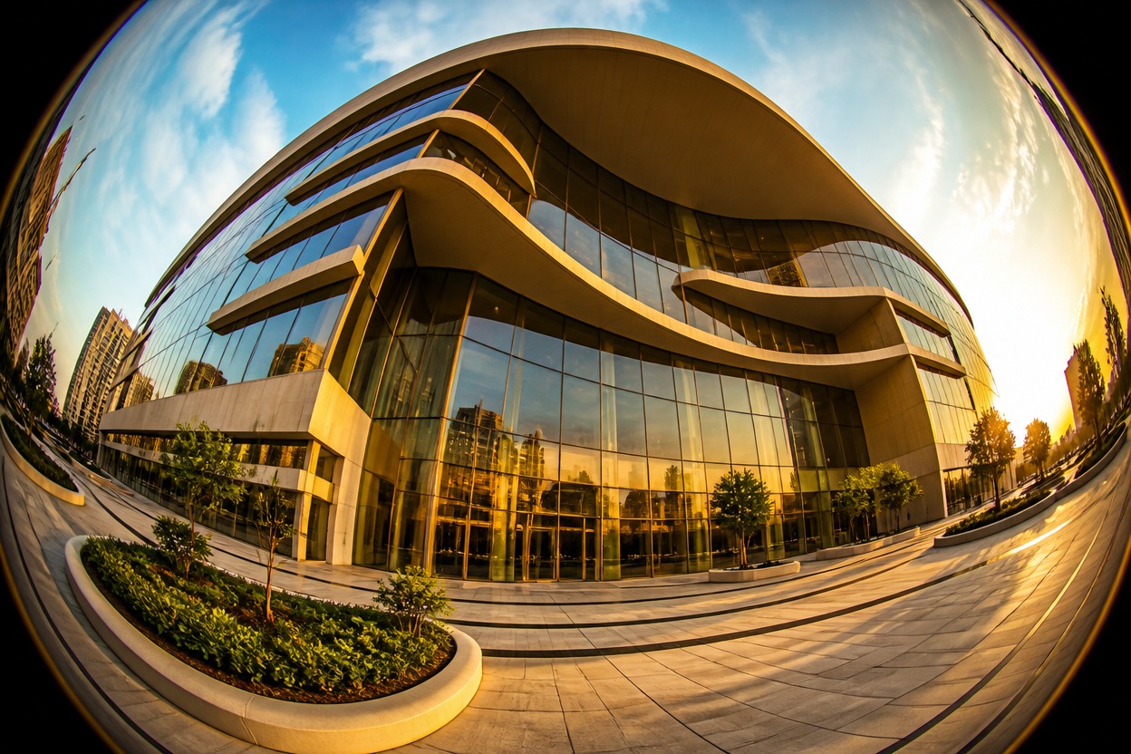 Dramatically curved modern building seen through an extreme wide-angle lens