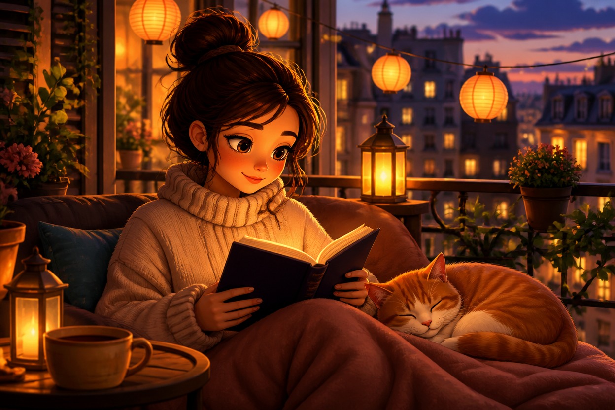 Cartoon reader with a sleeping cat on a lantern-lit terrace