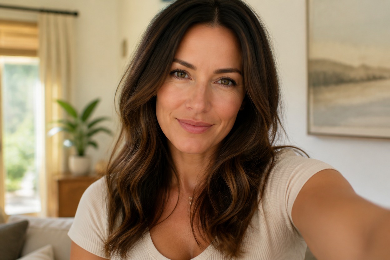 Adult woman posing naturally in a bright home interior with a clear face and relaxed expression