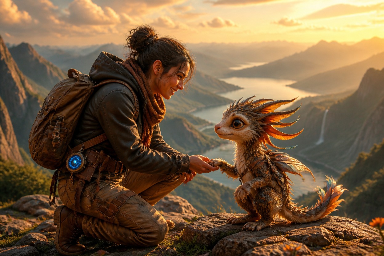 Adult explorer and original companion sharing a unified cinematic adventure scene