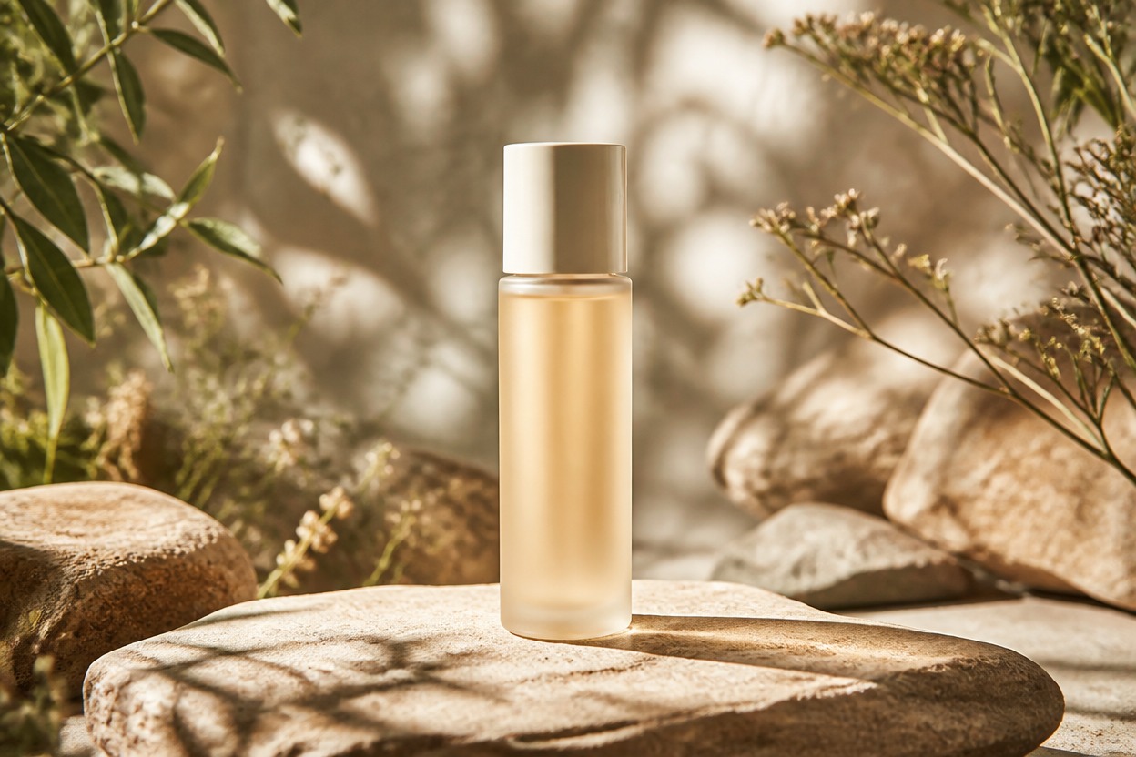 Unbranded cosmetic bottle styled on stone with warm botanical lighting