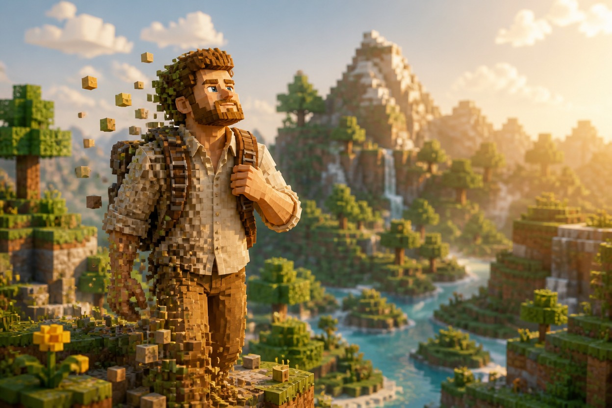 Adult traveler transformed into a detailed cubic landscape