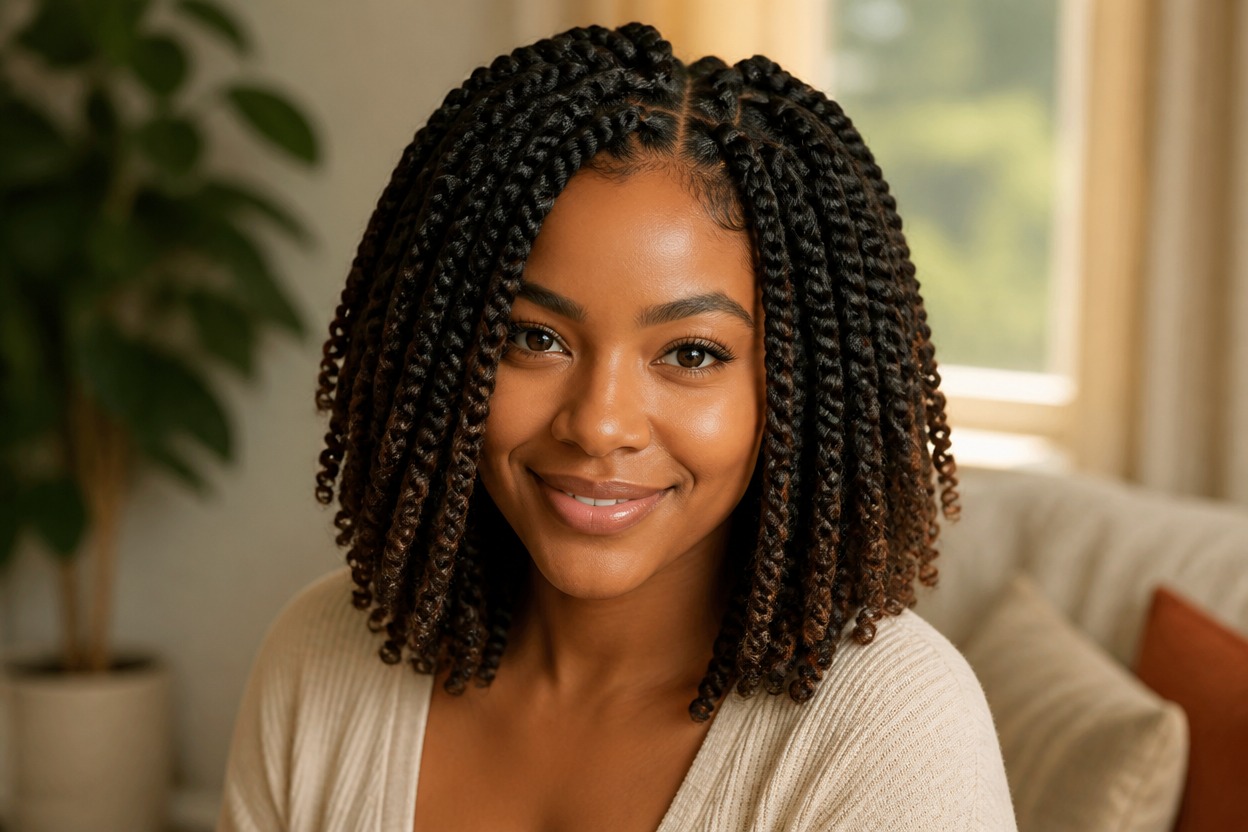 Environmental portrait with shoulder-length twists in warm window light
