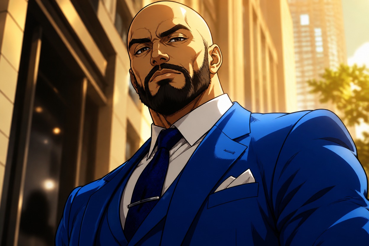 Low-angle fashion portrait of a bald bearded man in a vivid cobalt suit.