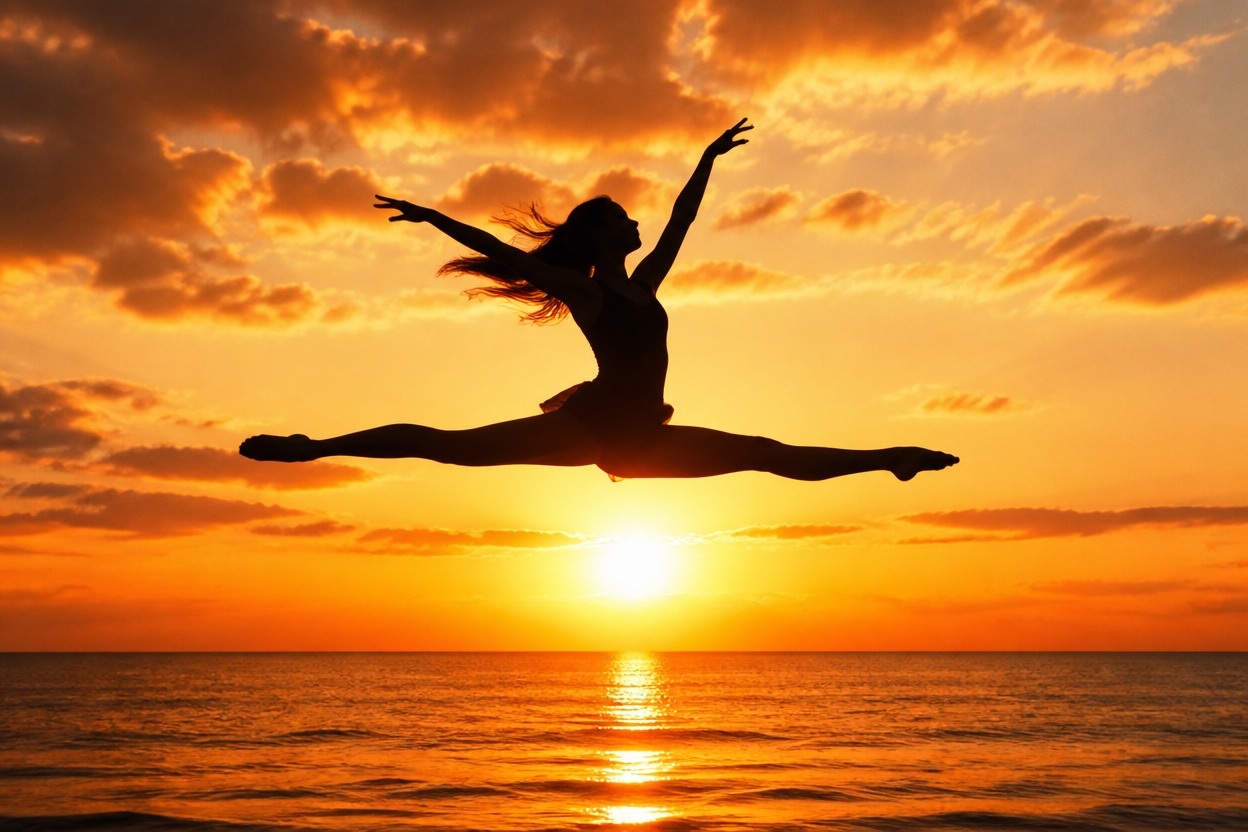 Dancer in a split leap silhouetted above the sea at sunset