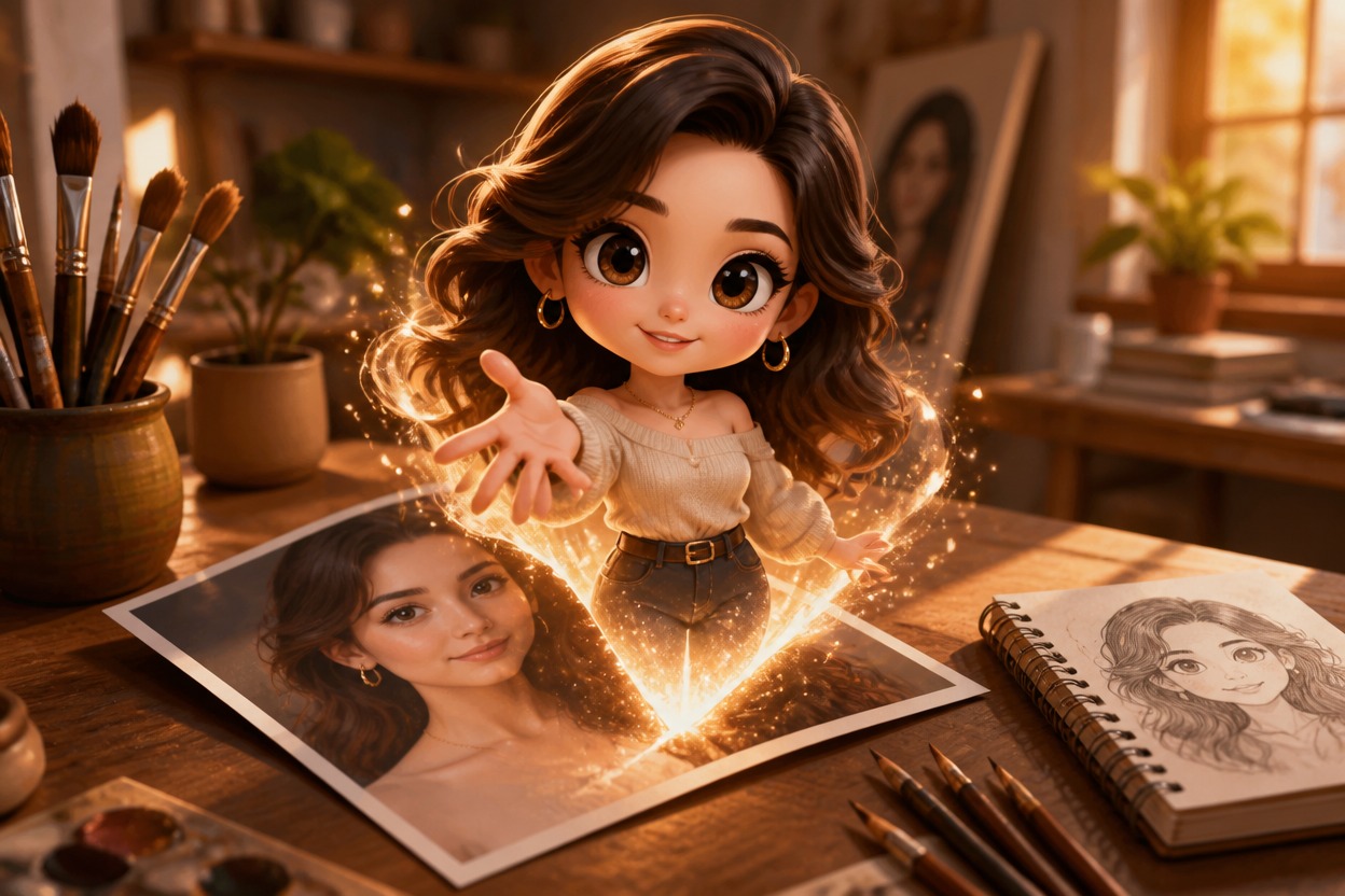 Chibi woman emerging from a portrait print in a warm creative studio
