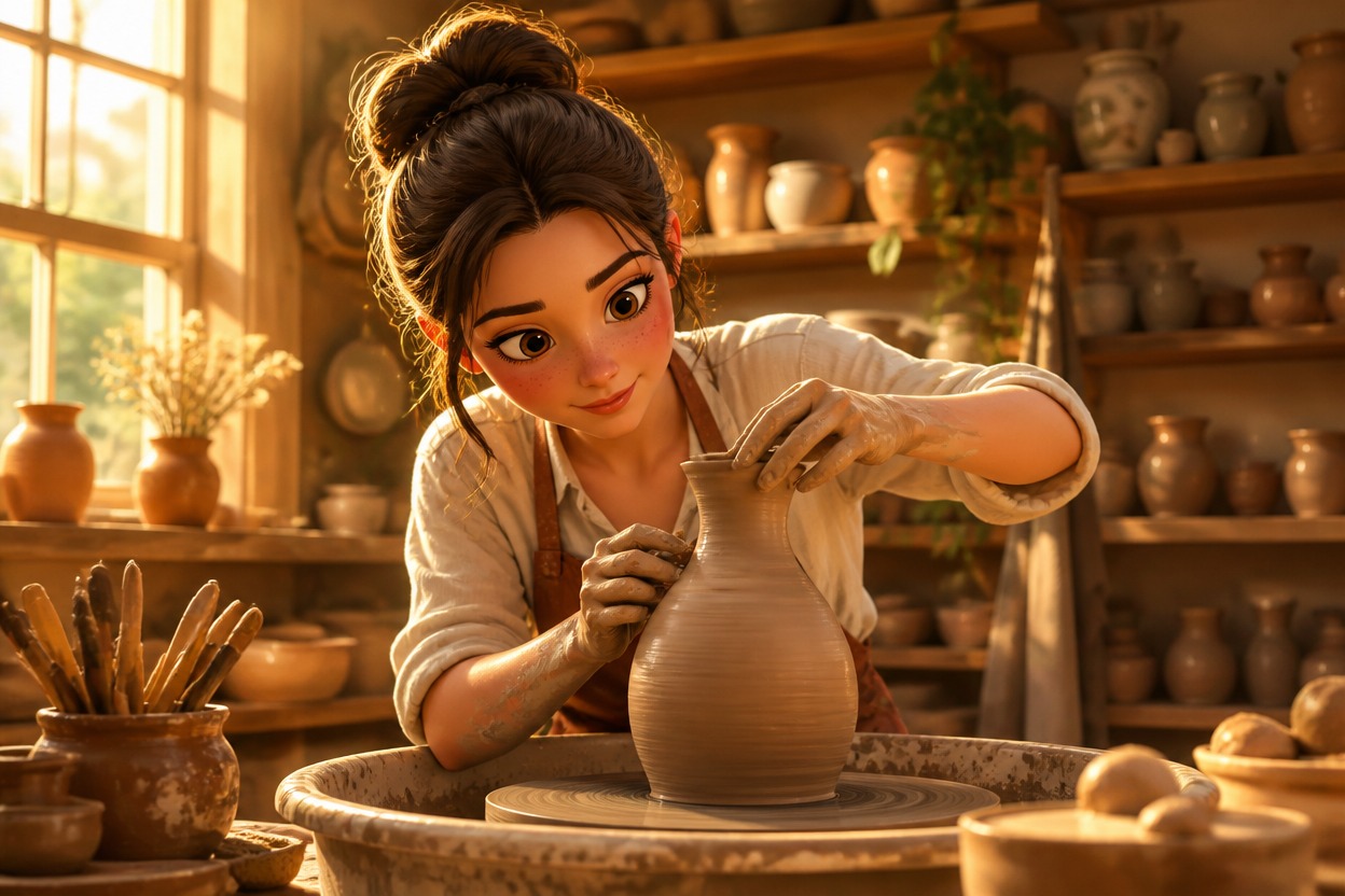 Cartoon ceramic artist shaping a vase in a warm studio