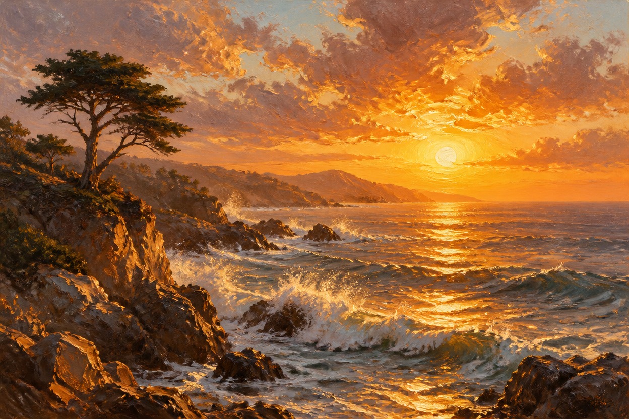 Rocky coastline painted in cohesive golden sunset light
