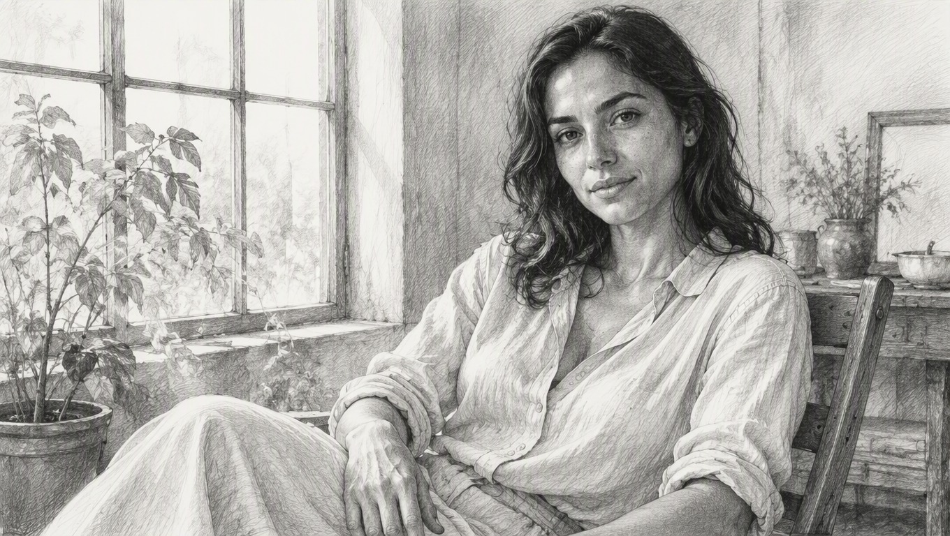 Portrait rendered as a hand-drawn graphite pencil sketch