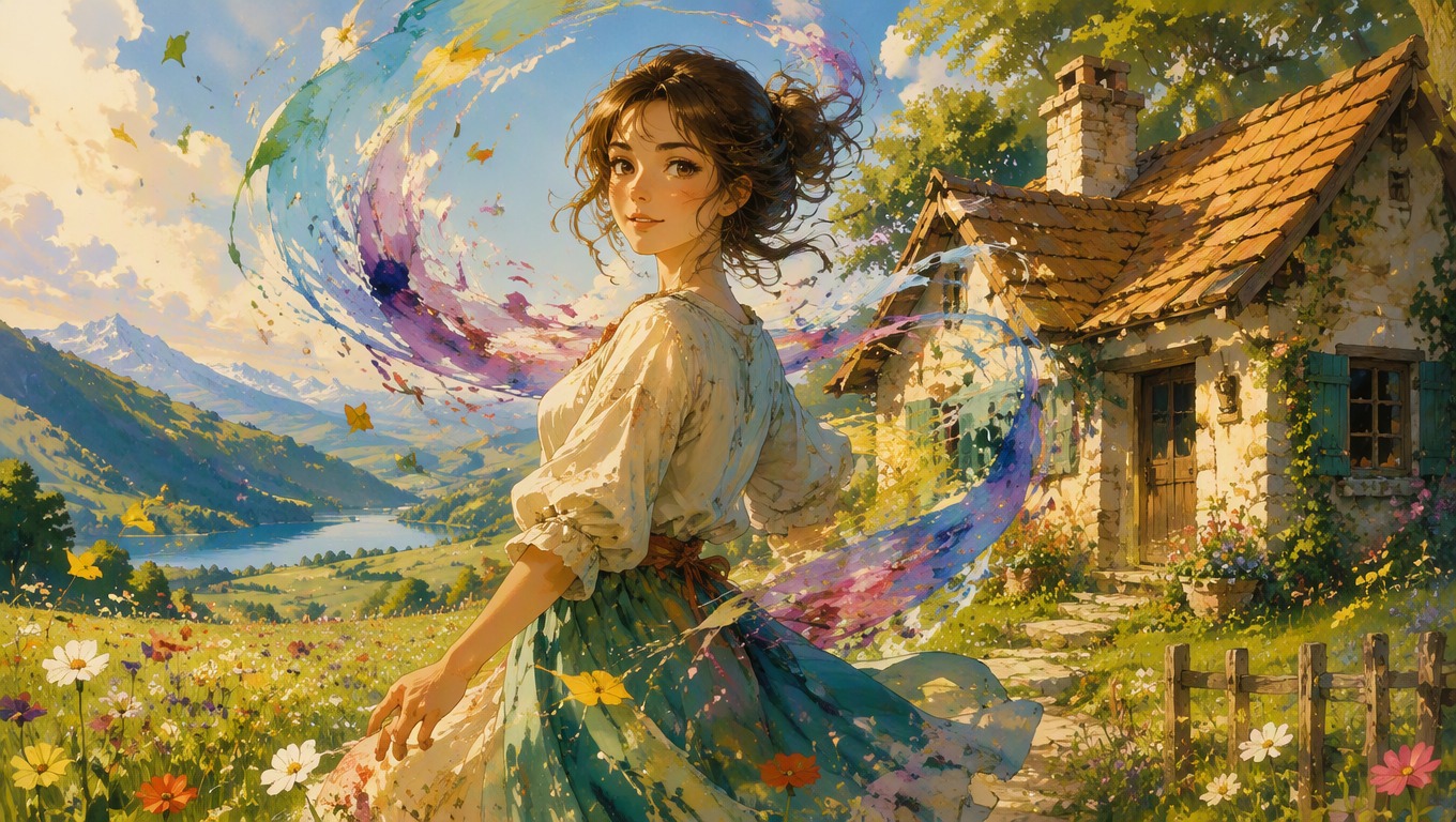 Portrait transformed into an original Ghibli-inspired storybook scene with soft painted colors