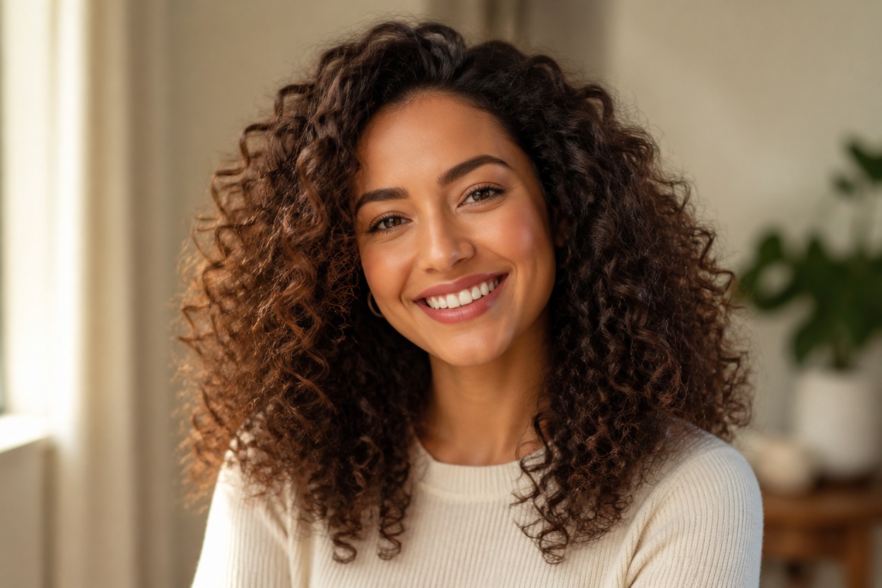 Finished portrait with a naturally integrated curly hairstyle