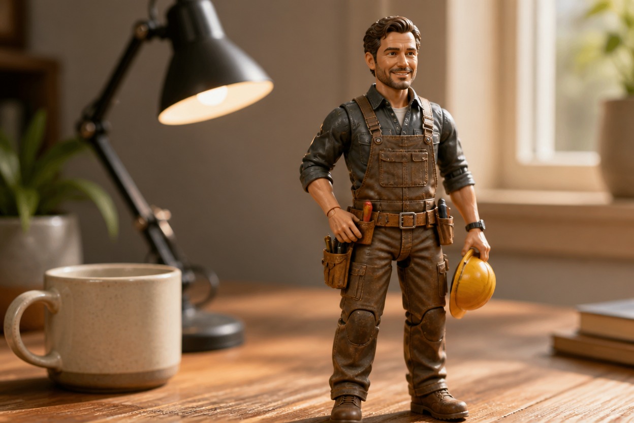 Articulated worker figure on a display base beside a ceramic cup and desk lamp.