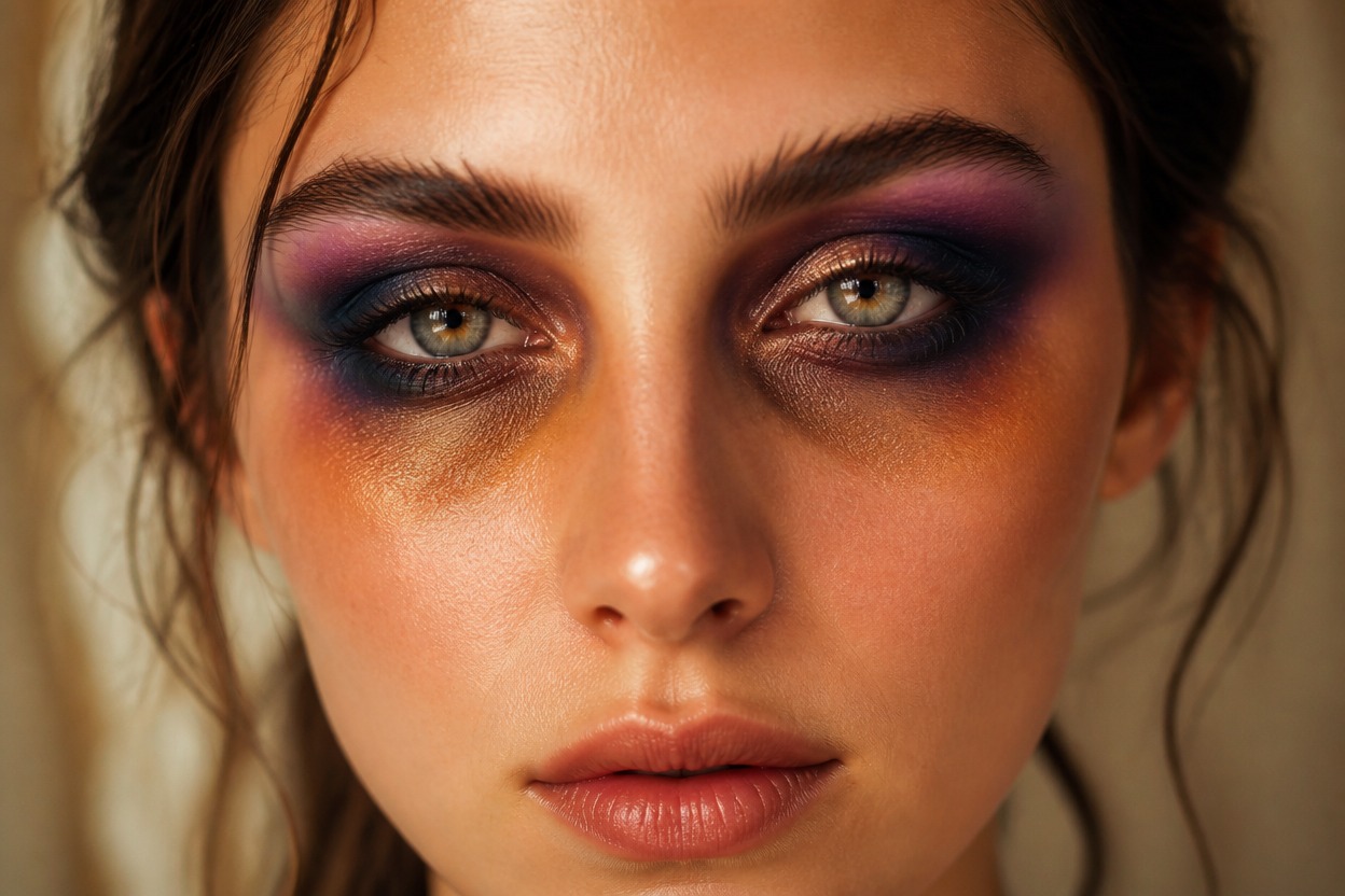 Adult portrait with restrained purple, blue, and yellow-brown theatrical eye makeup.