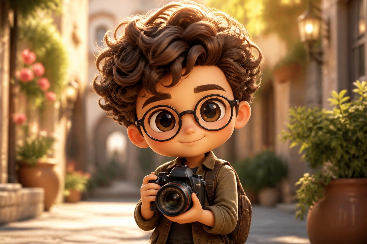 Chibi photographer with curly hair, round glasses, and a camera in a sunlit courtyard