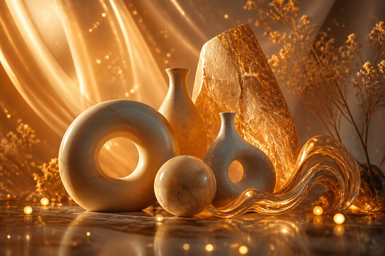 Sculptural still life transformed into a luminous imaginative environment