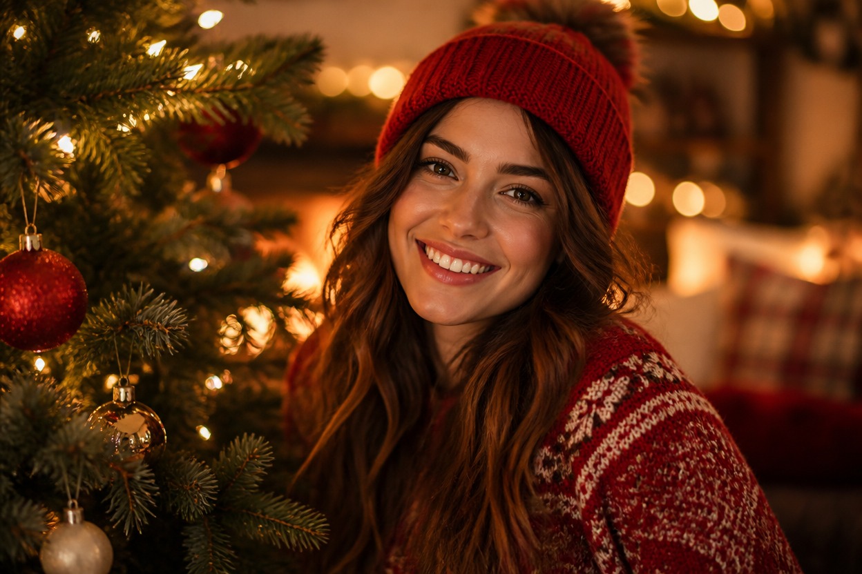 Detailed Christmas portrait beside an ornamented evergreen branch