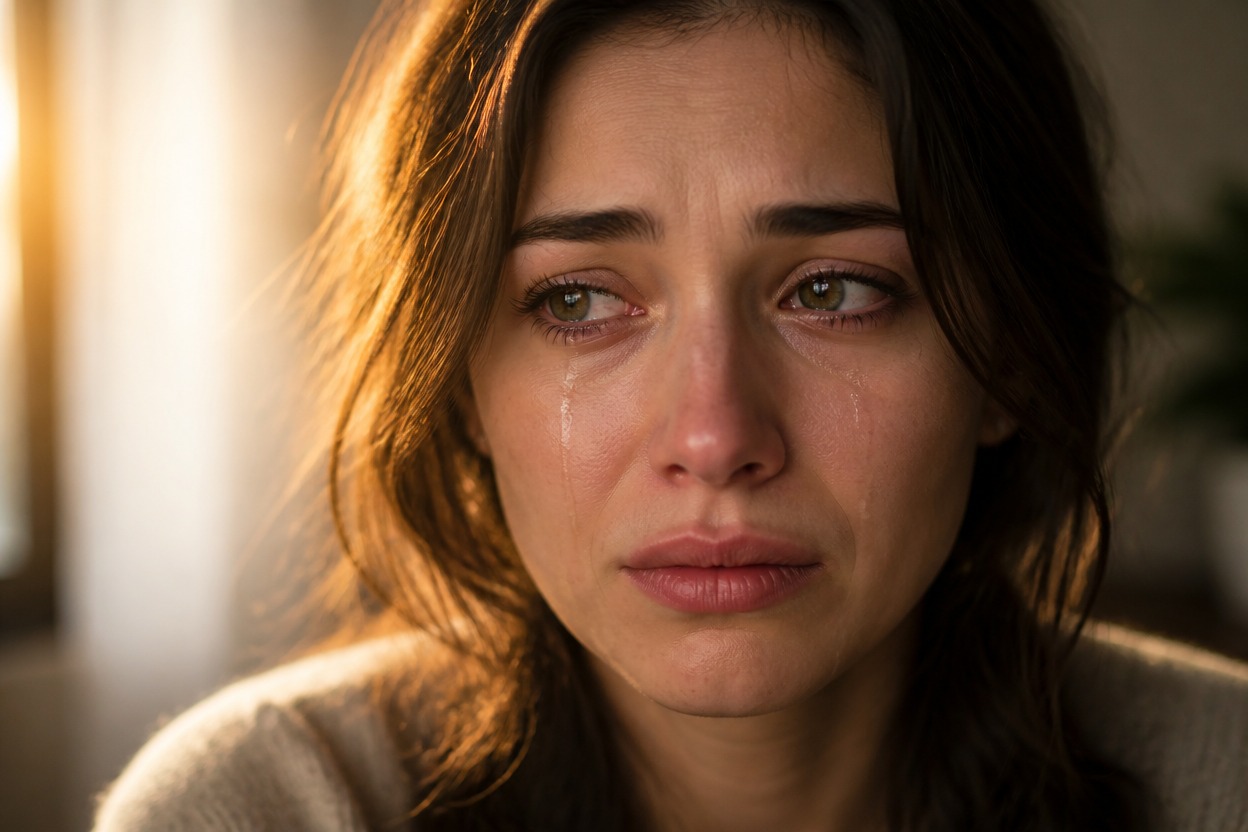 Single finished portrait scene with a believable crying effect