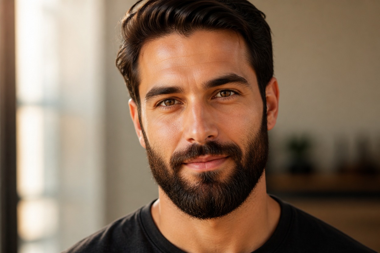 Unified portrait with cohesive facial hair, expression, hairstyle, and lighting.