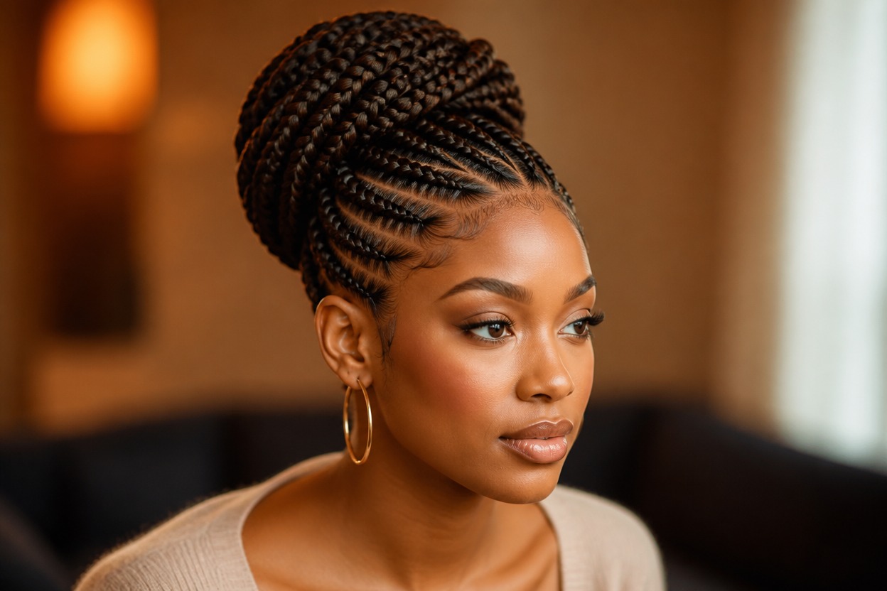 Three-quarter portrait showing a finished braided high-top hairstyle