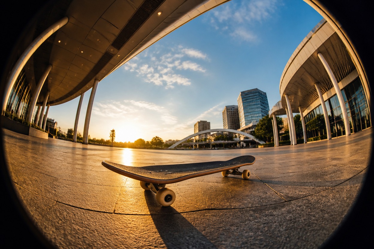 Skateboard in the foreground of a plaza with curved surrounding architecture