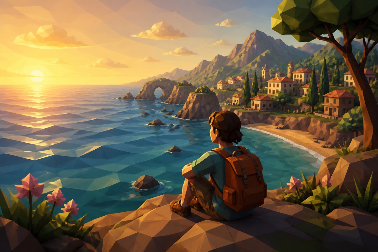 Traveler seated above a low-poly coastal landscape