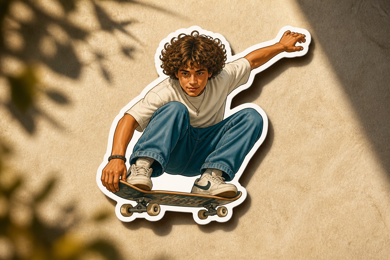 Skateboarder sticker preserving curly hair, expression, and a dynamic crouched pose