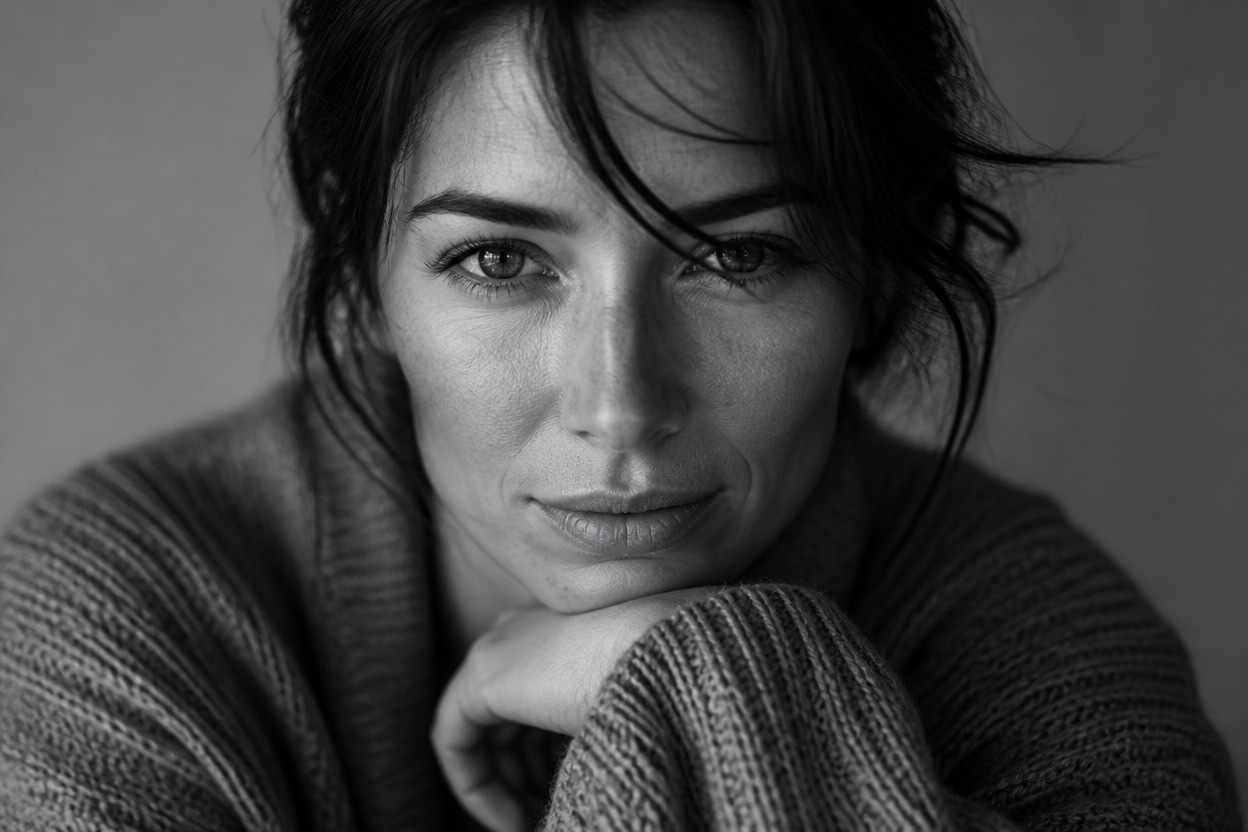 Black-and-white portrait with balanced highlights, shadows, and textured midtones.