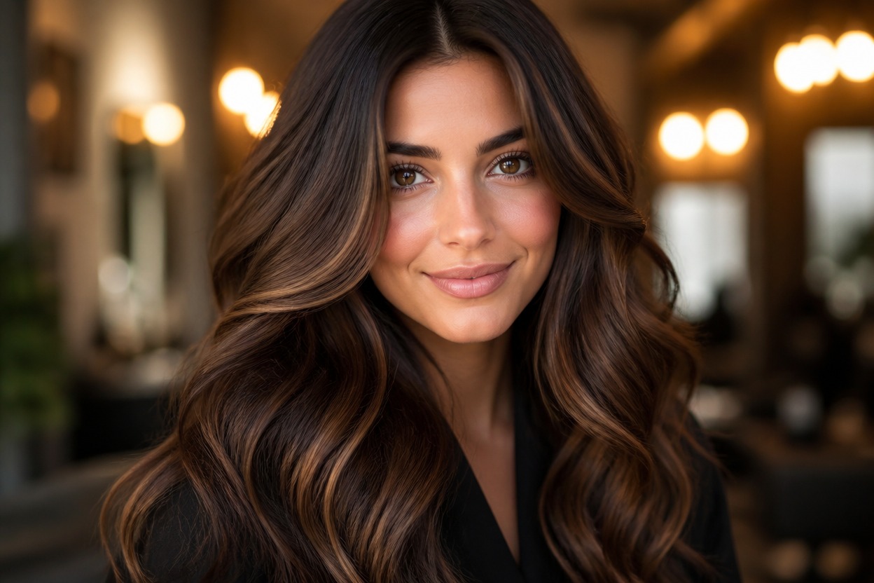 Close-up portrait of a woman with long wavy chocolate-brown hair, dark roots, and warm chestnut highlights.