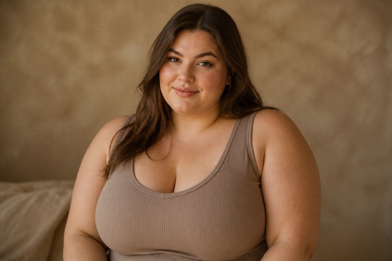 Waist-up portrait of a fuller-proportioned adult in a taupe ribbed top against a warm textured backdrop.