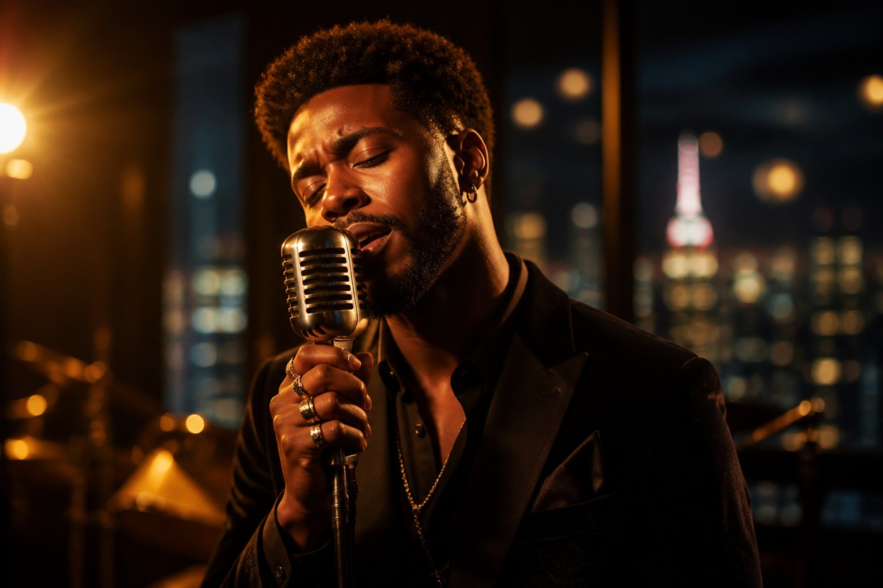 Vocalist performing in a cinematic night scene with atmospheric light