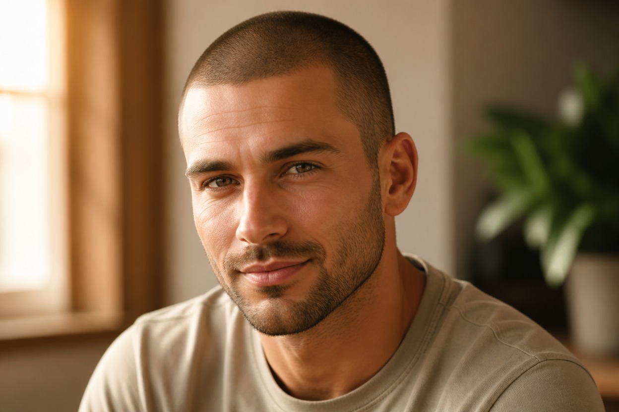 Adult with fine natural buzzcut stubble and a soft hairline