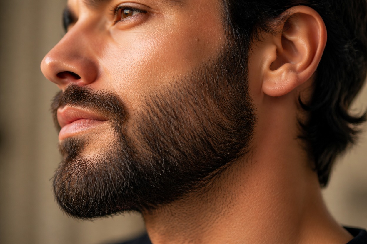 Side-profile portrait showing natural beard density and individual strand detail.