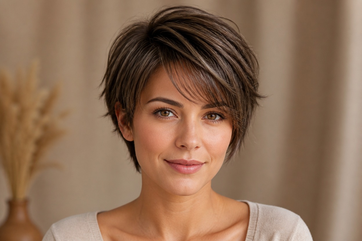 Close portrait showing layered short hair and natural strand detail