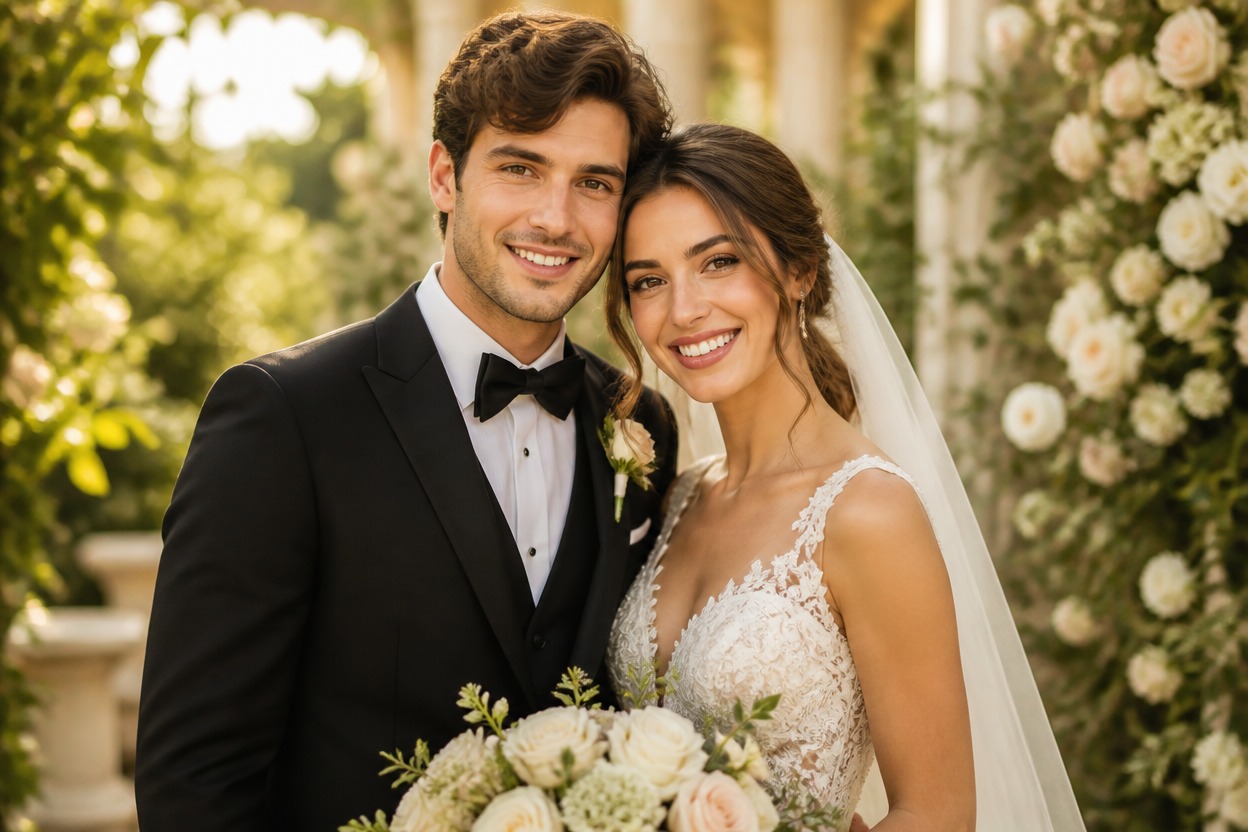 Recognizable couple in a coherent wedding portrait with rebuilt attire and atmosphere