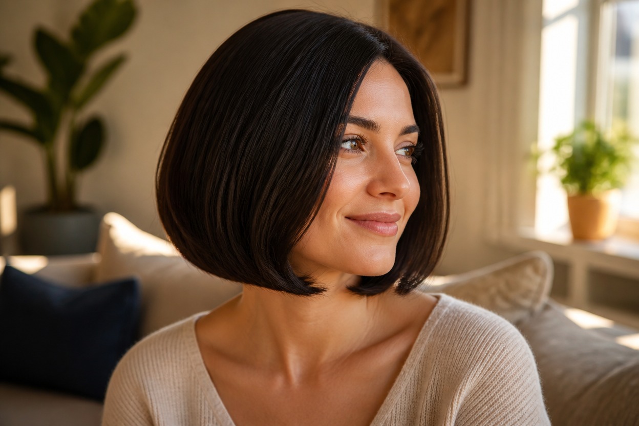 Woman with a sleek chin-length dark bob in a softly lit living room.