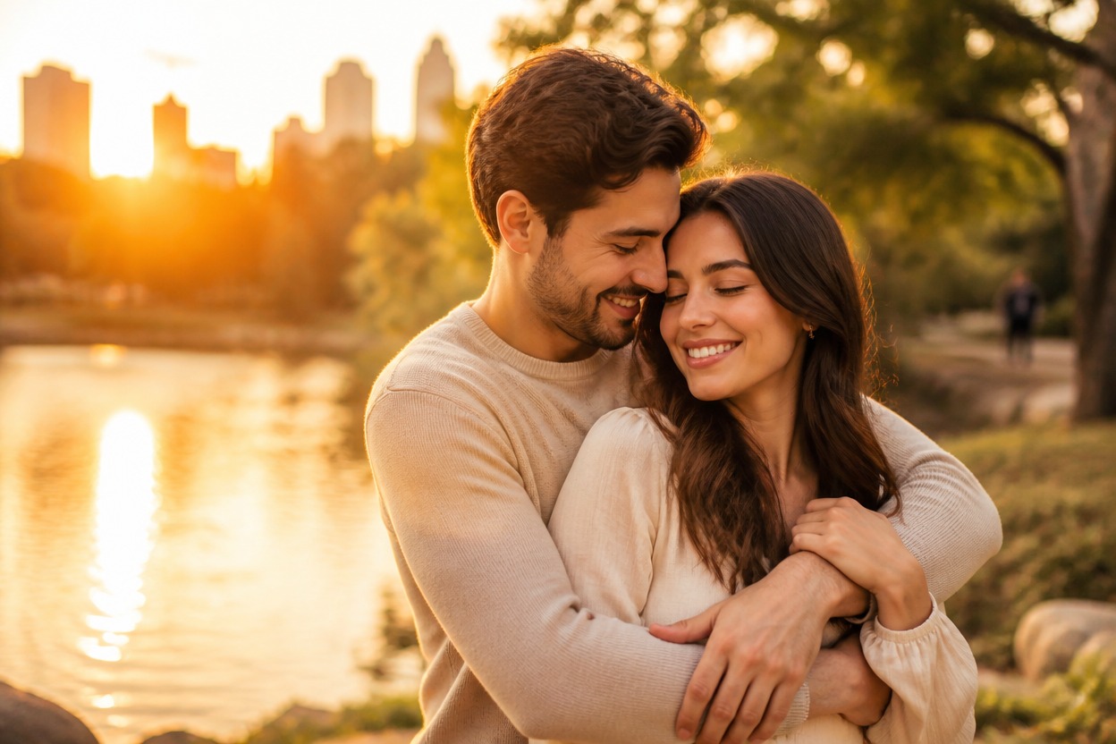 Couple embracing beside an urban park lake at golden hour