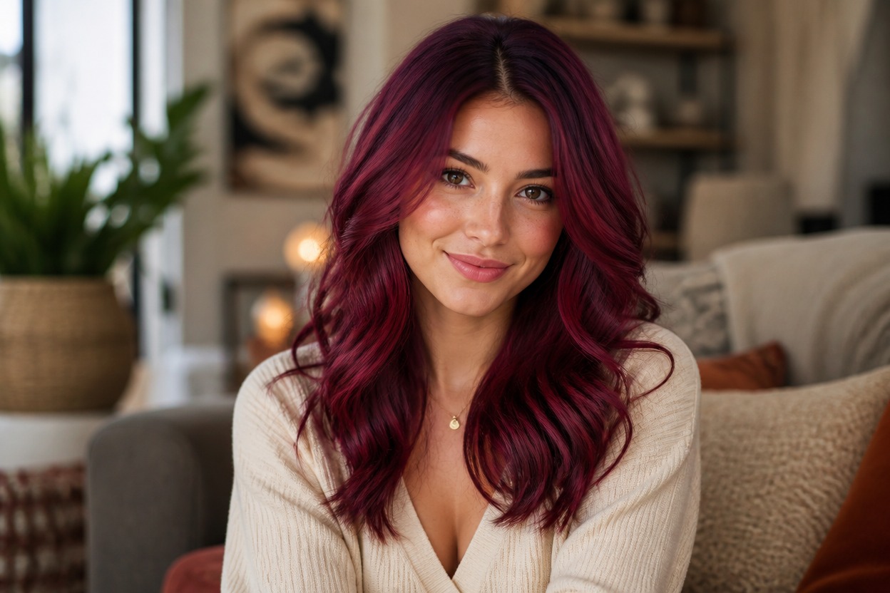 Waist-up portrait with a cohesive burgundy hair-color transformation and preserved surroundings.