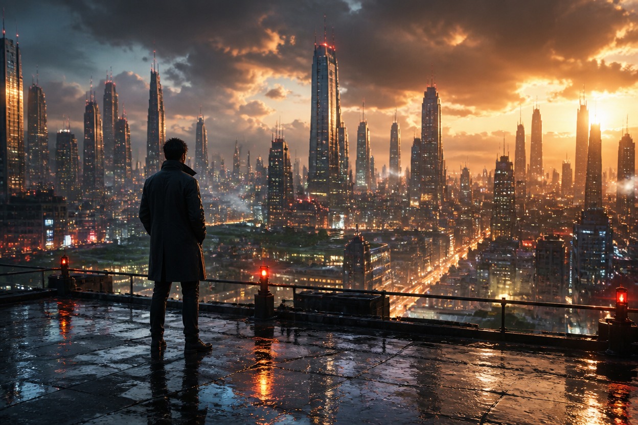 Stylized adult figure overlooking a rain-lit futuristic city from a rooftop.