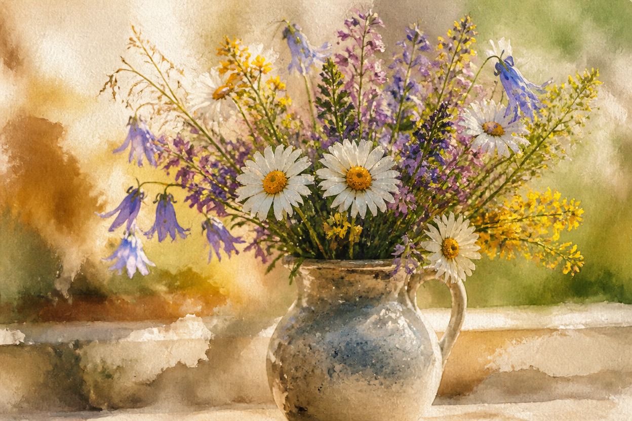 Watercolor wildflowers in a ceramic vase with translucent washes and textured paper