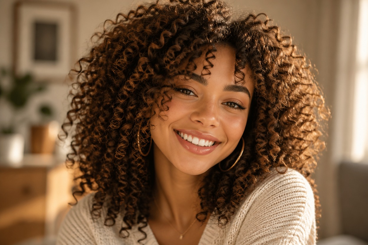 Portrait with defined ringlets and natural hair volume